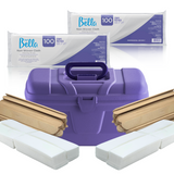 Depil Bella Bundle - 200 Non-Woven Cloths, 400 Eyebrow Wax Strips, 200 Wooden Wax Sticks, and Purple Plastic Case