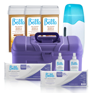 Depil Bella Hair Removal Bundle - Roll On Honey, Pre-Wax Astringent, Wax-Off Oil, Warmer, Non-Woven Cloths & Case