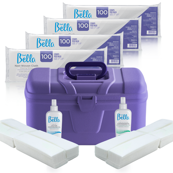 Depil Bella Bundle - 4 Non-Woven Cloths, 400 Eyebrow Wax Strips, Pre-Wax Astringent, Wax-Off Moisturizing Oil, and Purple Plastic Case